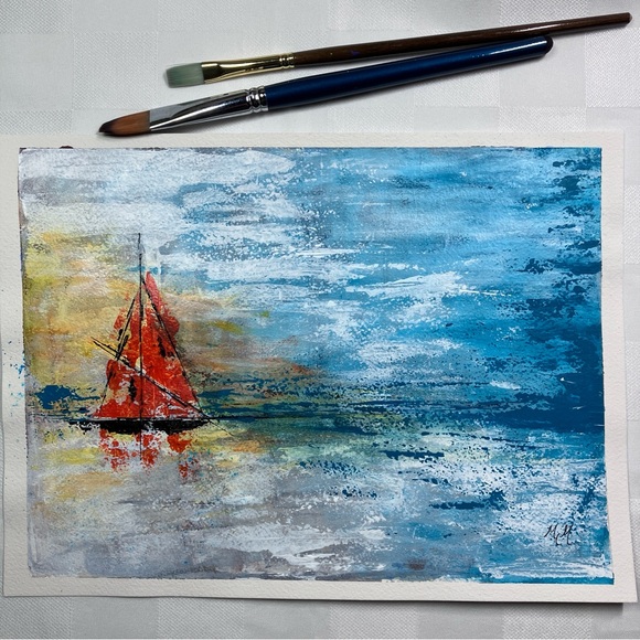 Semi Abstract Sailboat Ocean Seascape Acrylic Art Painting - Picture 1 of 11